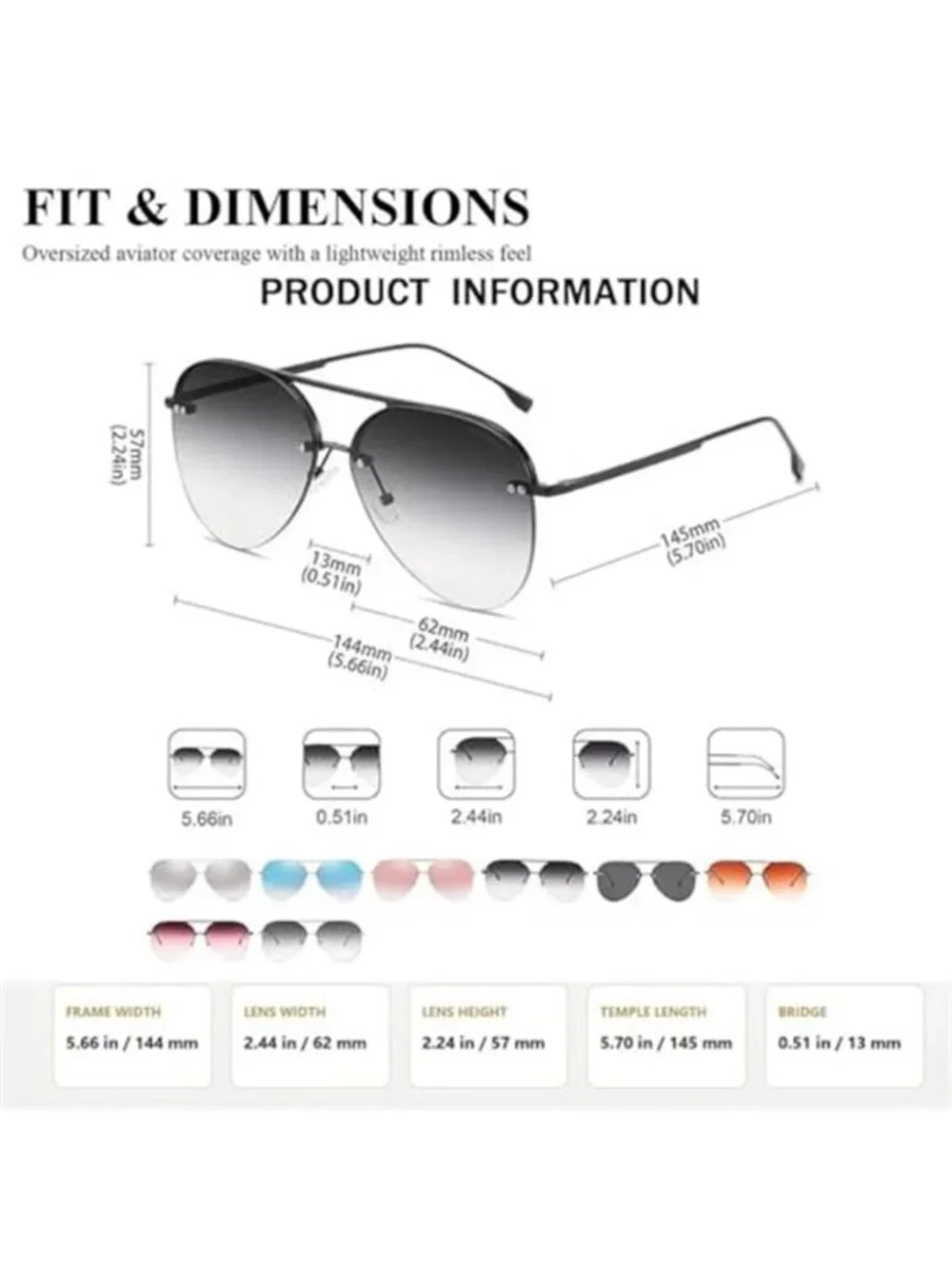 Womens Rimless Aviator Sunglasses Oversized Gradient Lens UV400 Frameless Shades